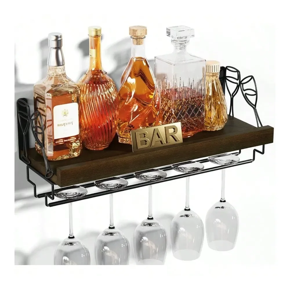 

Подставка для вина с держателем для бокалов, 17 дюймов, настенная деревянная полка для столовой, бара, гостиной и т.д., темно-коричневая