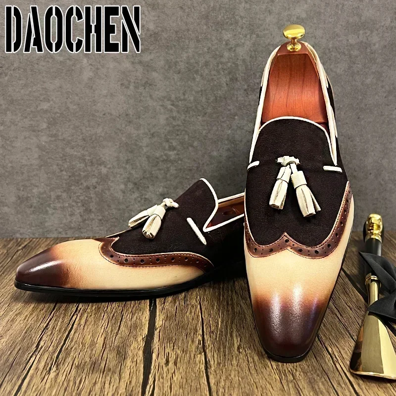 Mocassins italiens en daim à bout d'aile pour hommes, chaussures en cuir, noir, marron, document mixte, robe décontractée, mariage, bureau