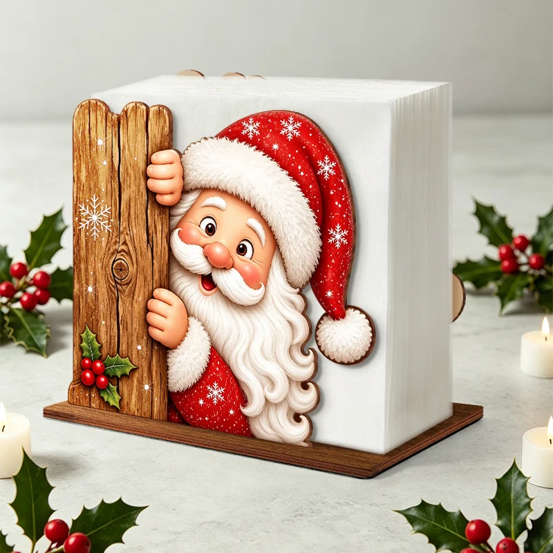 Peeking Santa Claus Wooden Napkin Holder Snowflake Holly Berry Decor, Xmas Kitchen Desktop Napkin Storage, Table Centerpiece