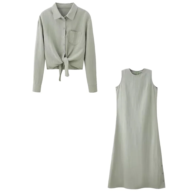 Herbst-Set für Damen, Baumwoll-Leinen-Hemd und Kleid, modischer Druck mit Tasche, hochwertige Kleiderkollektion, elegantes 2-teiliges Set für Damen – Detail 12