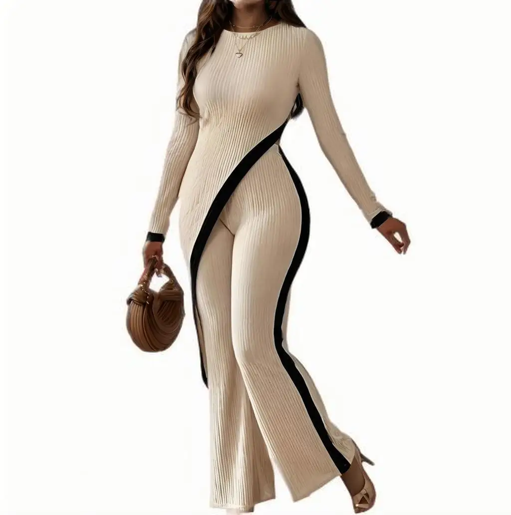Women Round Neck Color Block Slim Fit Long Sleeve Casual Two Piece Set