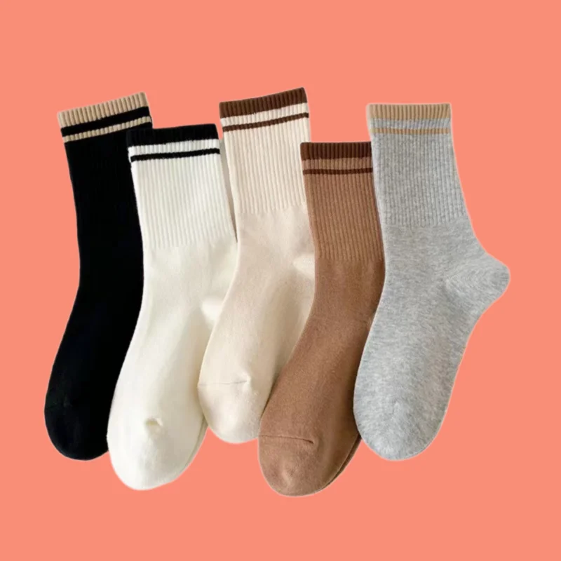 5/10 Pairs Women's Socks Mid-tube Socks Coffee Striped Versatile Long Socks Simple High Elastic Casual Women's Socks