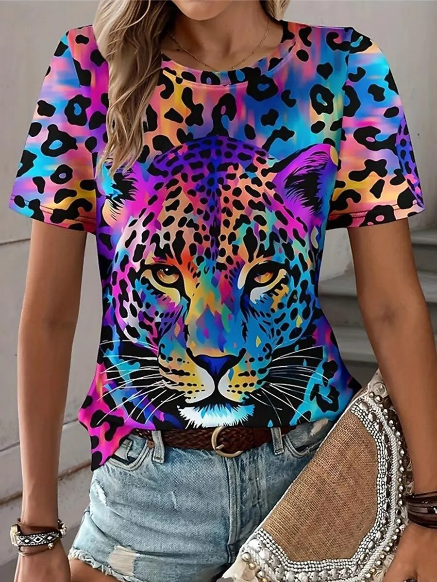 Women's Vintage Leopard Graphic T Shirt, Crew Neck Short Sleeve Casual Tops, Black Rainbow Shades for Daily Wear Spring & Summer