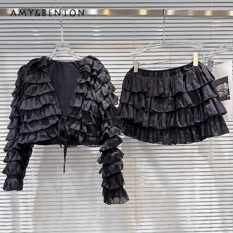 

2026 Spring New Elegant Multi-layer Pleated Mesh Short Women's Coats Original Design Solid Color Cake Skirt Two-piece Set Ladies