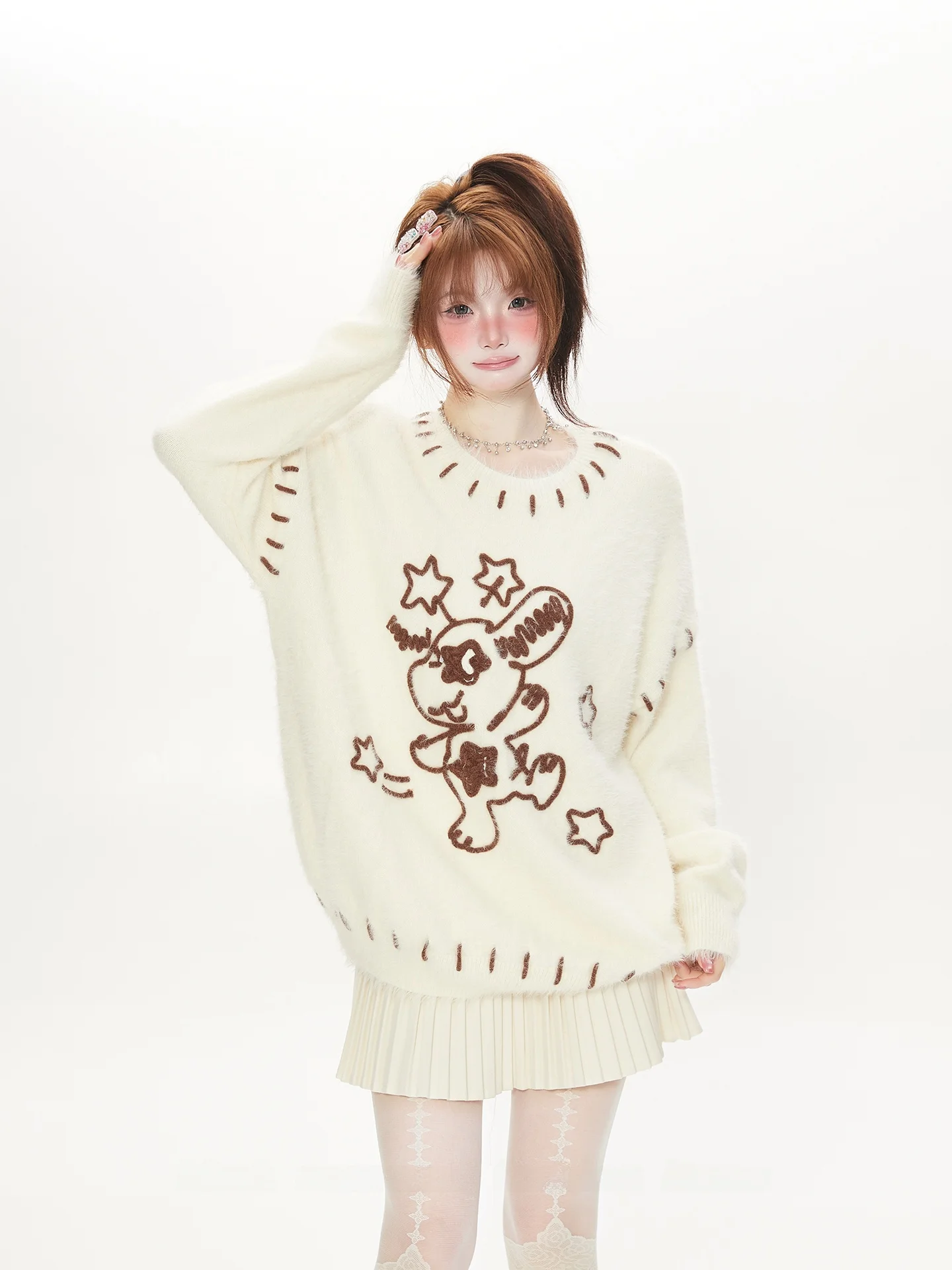 

Женский теплый свитер с вышивкой в виде забавной мультяшной собаки, свободного кроя, с круглым вырезом, в корейском стиле, осенне-зимний