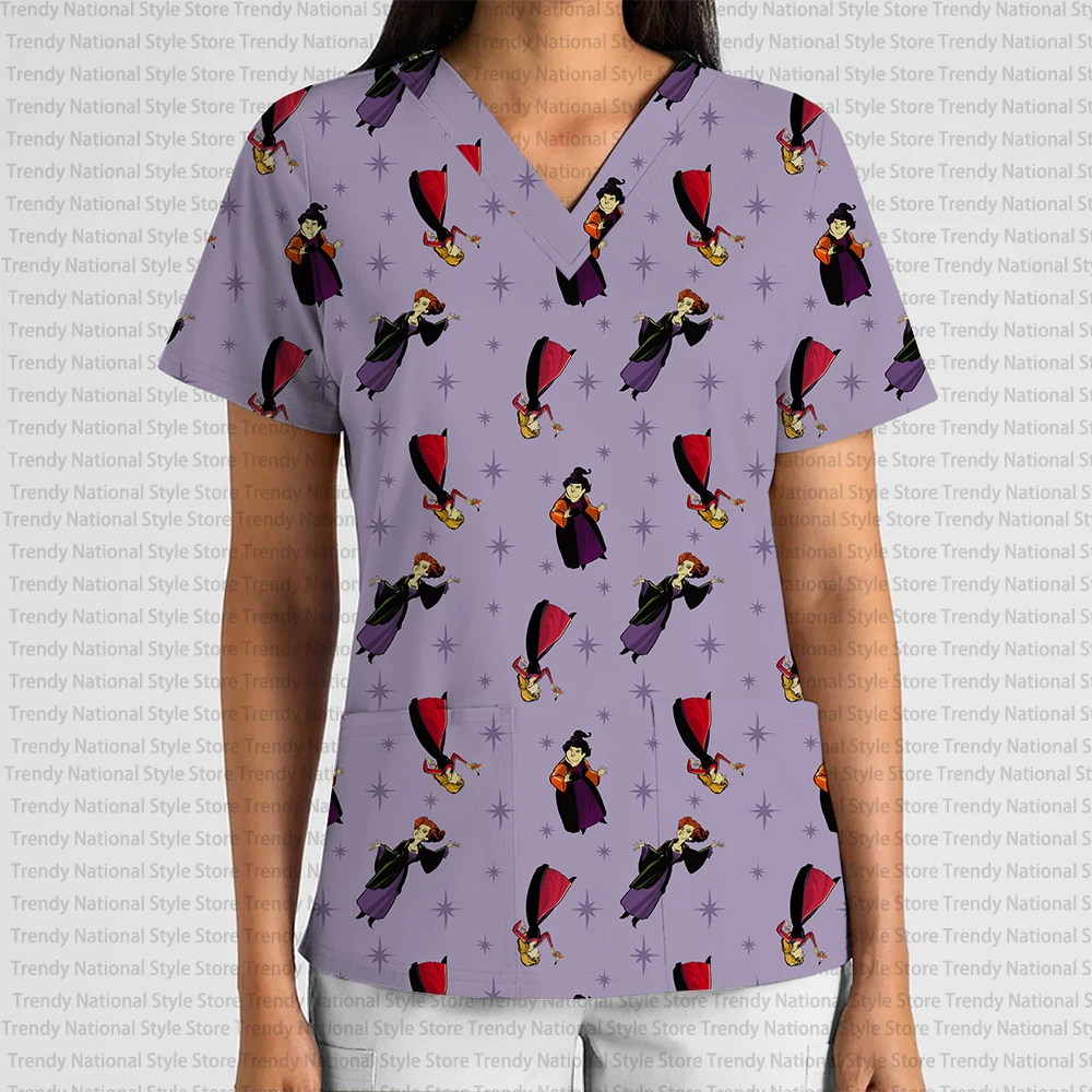 Uniforme da lavoro da donna All-match Alta qualità Halloween Sleeping Devil Stampa Scollo a V Tasca Scrub Top T-shirt per negozio di animali dentali