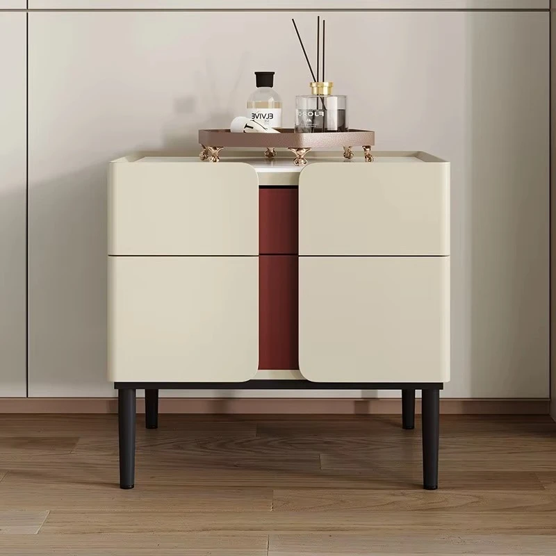 Modern beige and red contrasting slate bedside table 2 drawers