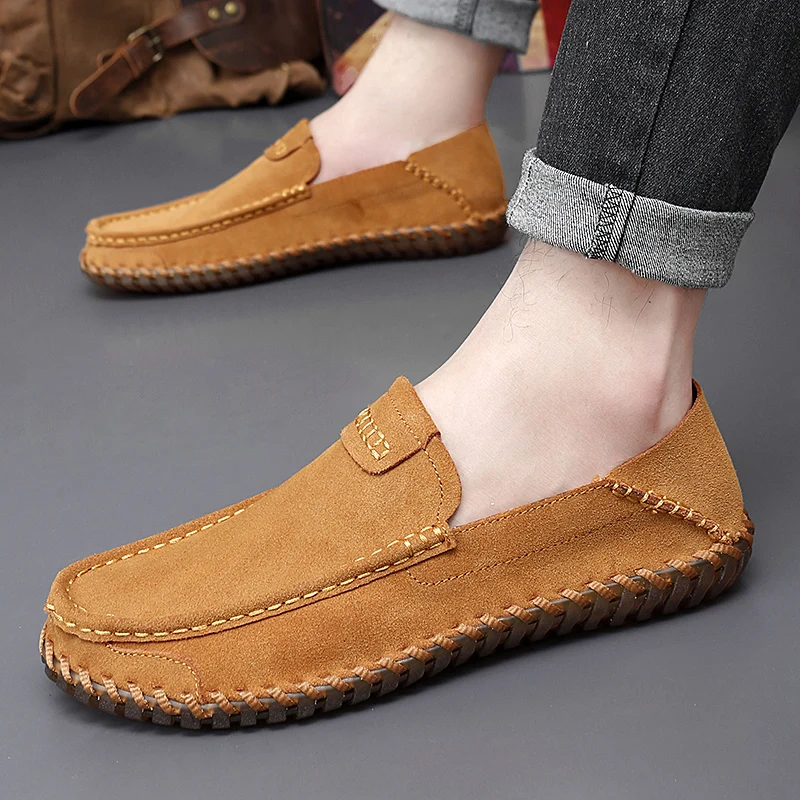 Spring & Summer Leather Slip-on Loafers, Hand-stitched Lightweight Non-slip Driving Moccasins