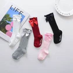 Chaussettes longues en dentelle de coton avec gros nœud au genou pour enfants, chaussettes douces pour tout-petits, nouveau, livraison directe