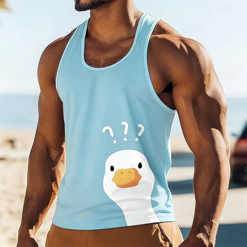 Question Mark Duck Funny Tank Top For Men Cute Cartoon Round Neck Printed Sleeveless Tee Summer Casual Breathable Loose Vest
