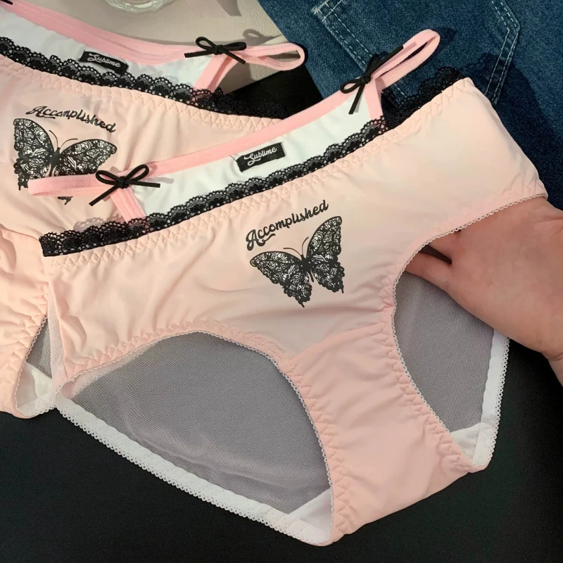 Pink Black Lace Butterfly Letter Womens Intimates Panties Underwear Sexy Sweet Briefs 2026 New Arrival Soft Comfy Charming Cute