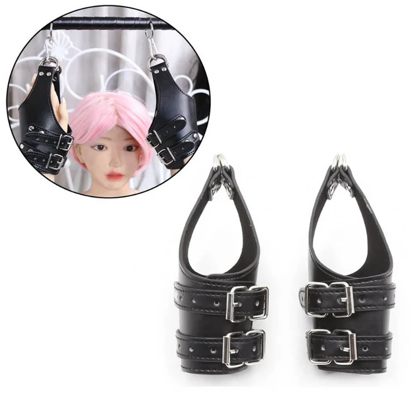 PU Leather Hanging Suspension Handcuffs Wrist Harness Head Hood D Ring Restraint Headgear BDSM Roleplay Game Sex Toysjavascript: