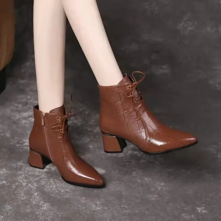 Concise Ankle Boots Women Chunky Square Heel Side Lace-Up Footwear Point Toe Decor Sewing Autumn Spring Casual Boots Women 35-42