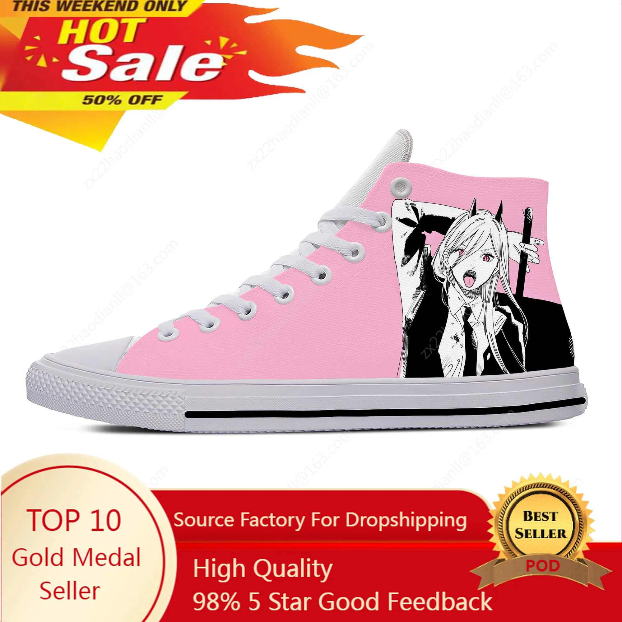 Japanese Anime Manga Cartoon Chainsaw Man Power Casual Cloth Shoes High Top Lightweight Breathable 3D Print Men Women Sneakers