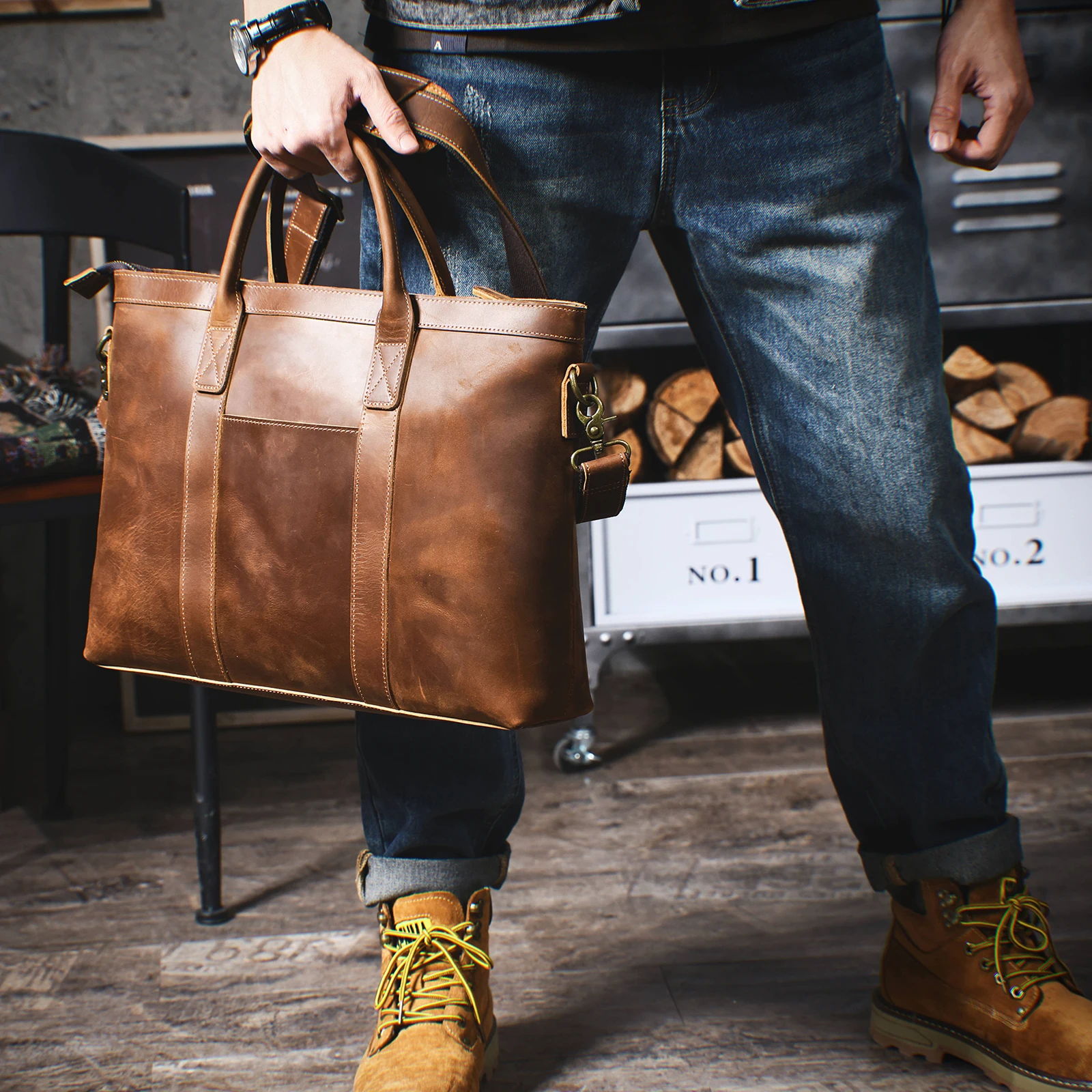Vintage Echtleder Herren-Aktentasche 16 Zoll Laptop-Taschen Crazy Horse Leder Messenger-Handtasche Rindsleder Geschenkidee für Männer – Detail 4