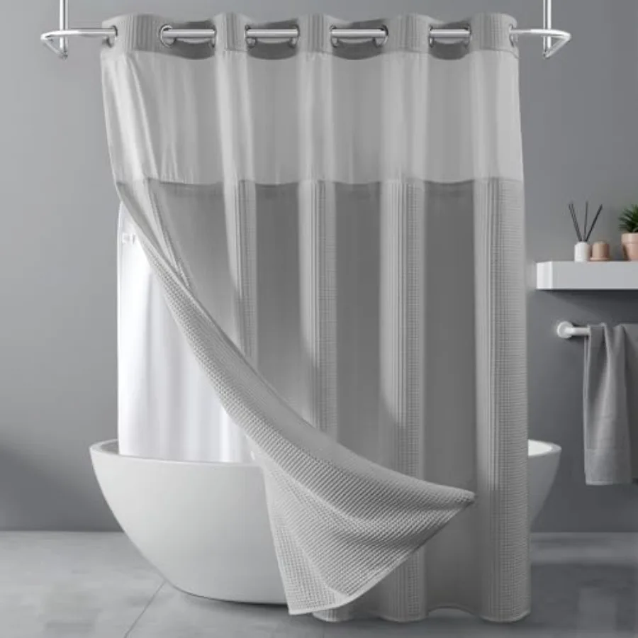 

Gray Fabric Shower Curtain Set, Cotton Blend, Waffle Weave, with Snap in Replacement Liner 71 x 74 inches