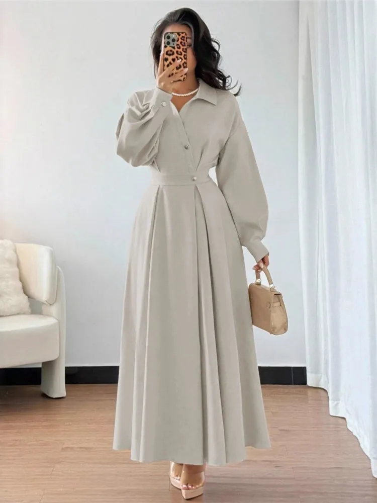

French Dress Dresses 2025 Woman Vestidos Slim Tighten The Waist Long Sleeves Lapel All-match Simple Style Elegant Temperament
