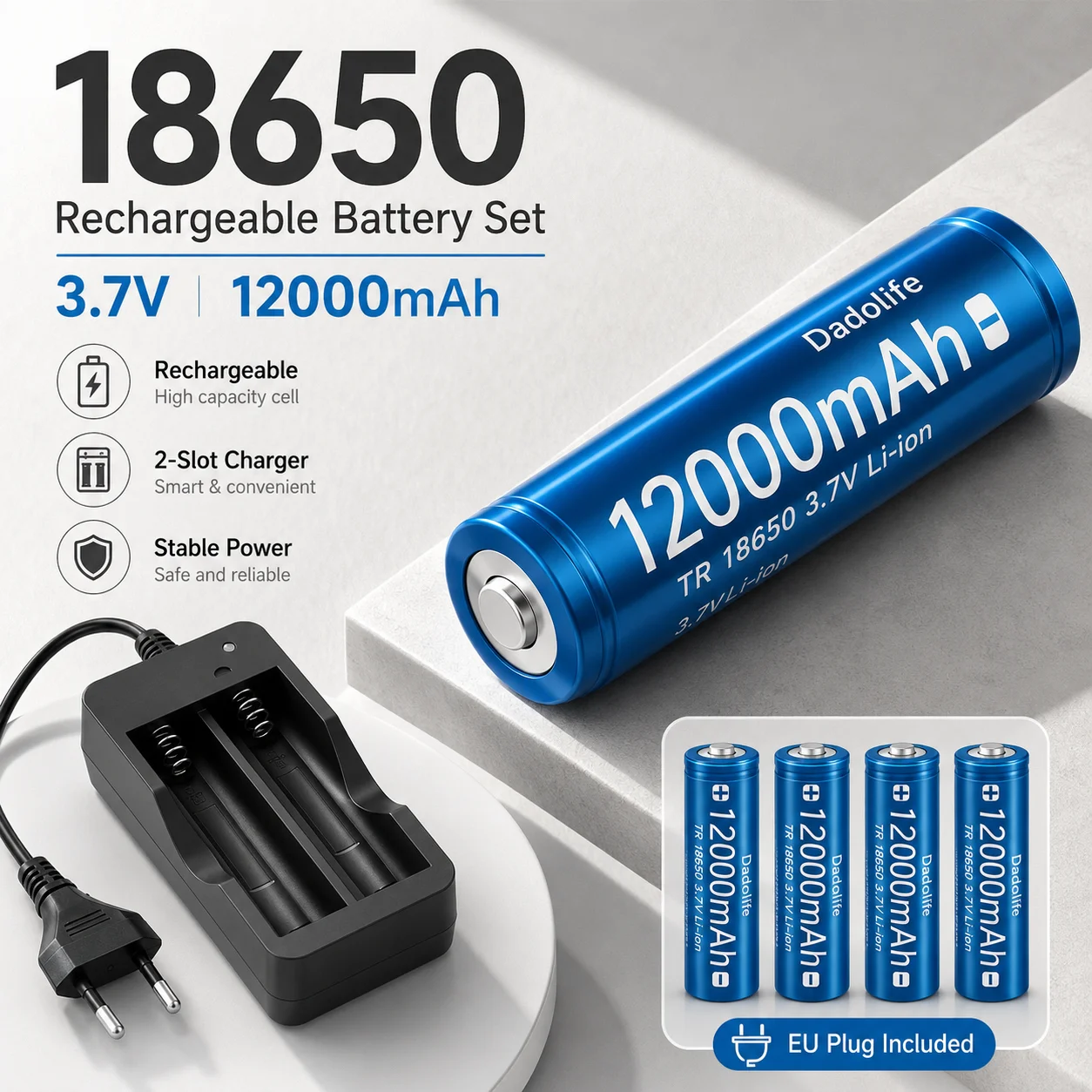 18650 Rechargeable Battery 3.7V 12000mAh Li-ion with Charger EU US Plug for Flashlight Headlamp Power Bank Toy Car