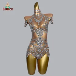 Sexy Women's  Leotard See Through Sparkly Crystal Bodysuits Birthday Dancer Playsuit Performance Wear Mesh Rhinestone Jumpsuit