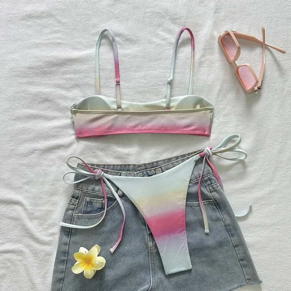 Sexy Gradient Coconut Tree Print Bikini Set 2026 Women Push Up Bra Bandage Thong Swimwear Summer Bathing Suit Mini Swimsuit
