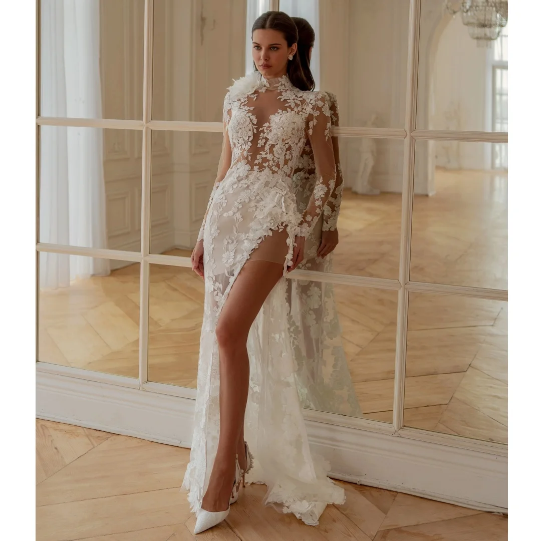 

High Neck Sheer Lace Wedding Dresses Side Slit Modern Floral Bridal Gown Long Sleeves Party Dress robe de mariée Customized