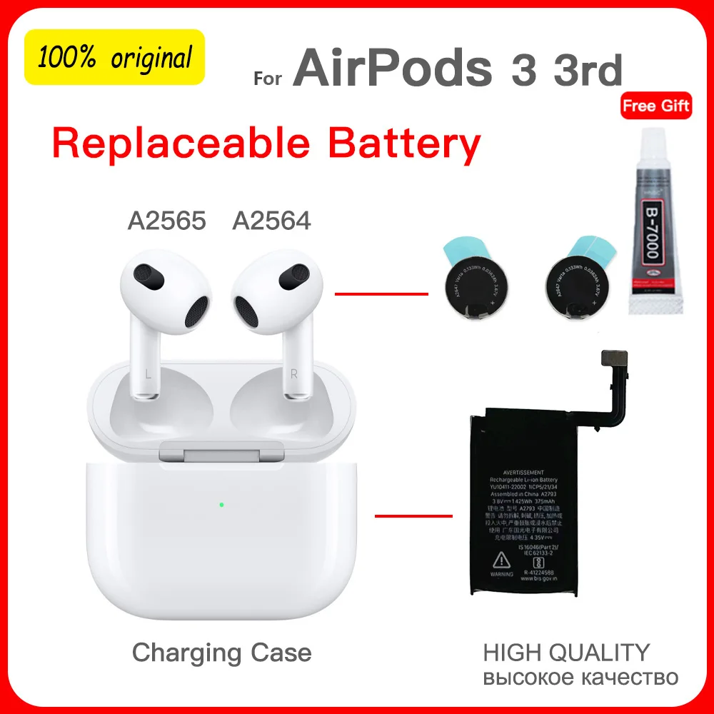 

A2647 3.67V VARTA Replace Battery For Apple Air pods Airpods 3 A2564 A2565 airpods 3rd Replacement Batteries Batteria+Free gift