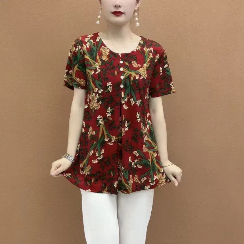 

Женская одежда Повседневная винтажная футболка с цветочным принтом в этническом стиле из ледяного шелка Летняя свободная туника больших размеров с круглым вырезом и короткими рукавами