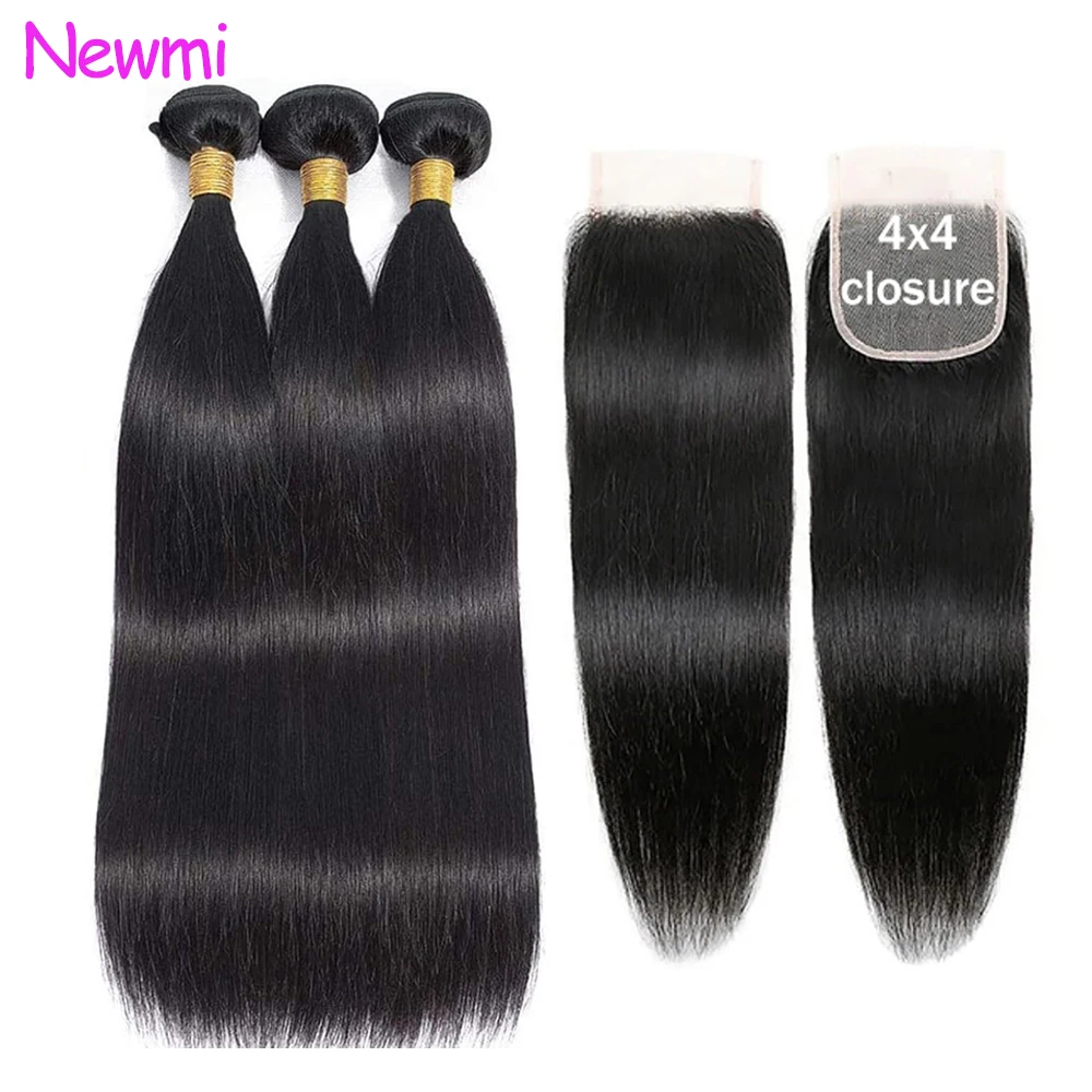 

Новые прямые пучки натуральных волос Newmi с кружевной застежкой 4x4, прозрачное швейцарское кружево, 12A, бразильские волосы Реми, 100% натуральные человеческие волосы для наращивания