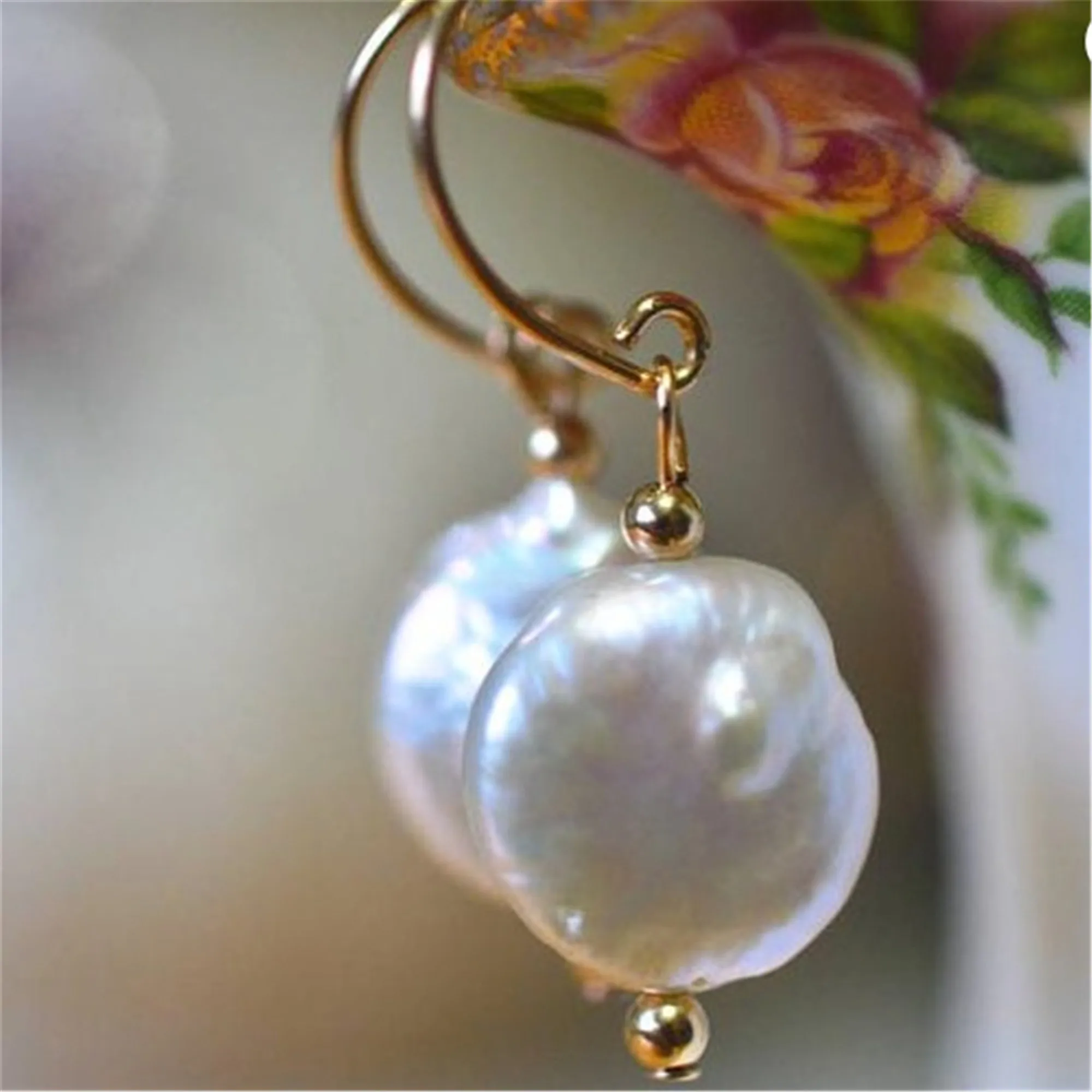 14-15mm White Coin Baroque Pearl Earrings 18k hook Eardrop Dangle Earbob Stud Bridal Ear