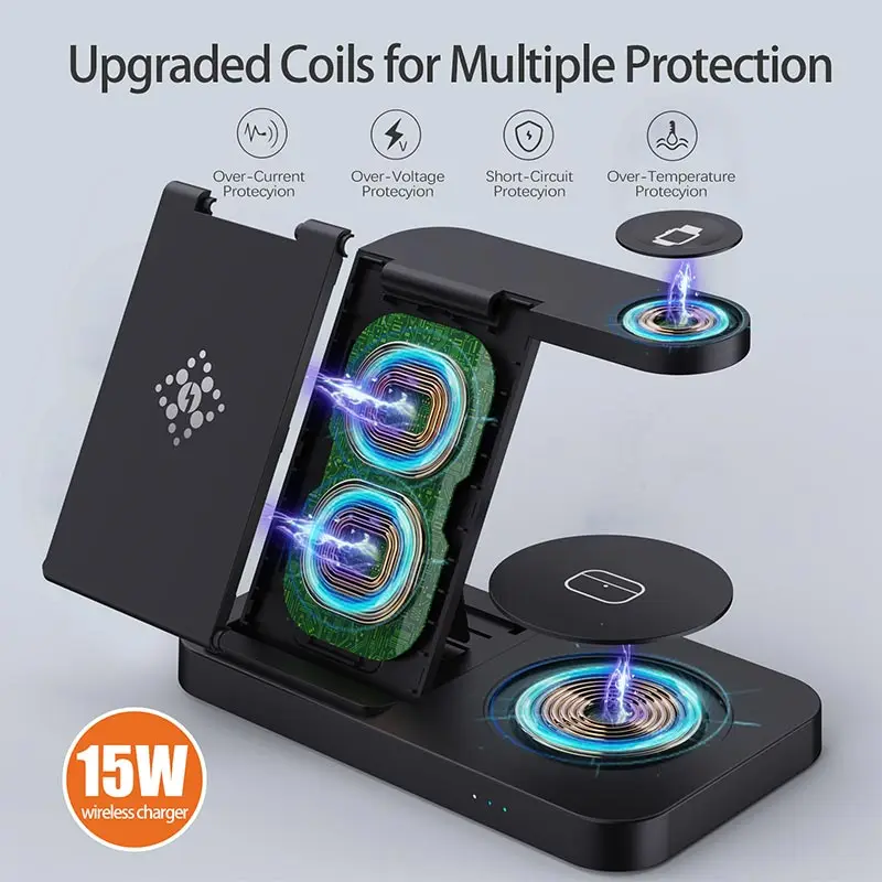 折りたたみ式ワイヤレス充電ステーション,4 in 1充電器,iPhone 16,15,14,13,12, Apple Watch 7,6,Samsung Galaxy,4,3用