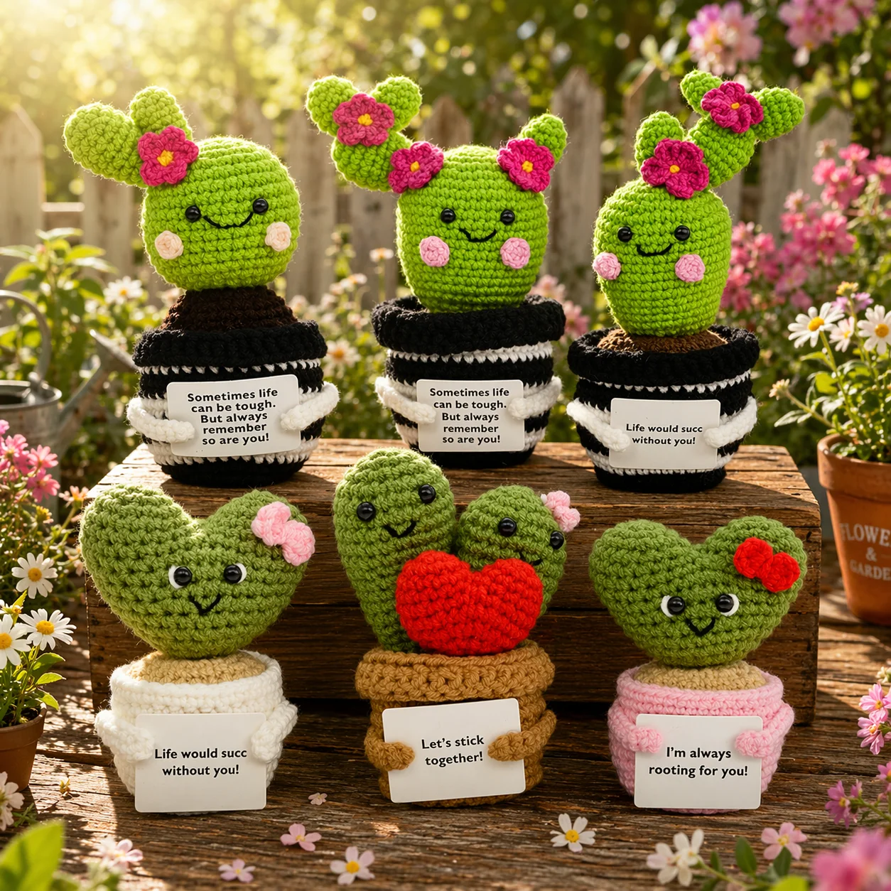PlantSeries Positive Energy Crochet Flower&Cactus Handmade Knitted Potted Plant Hug with Encouragement Card Mini Desk Decor Gift view 2