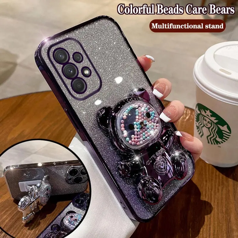 Cute Bear Colorful Flow Beads Plating Phone Holder Case For Samsung Galaxy A53 A52 A54 A24 A13 A14 A04S A34 A32 A82 A33 Cover