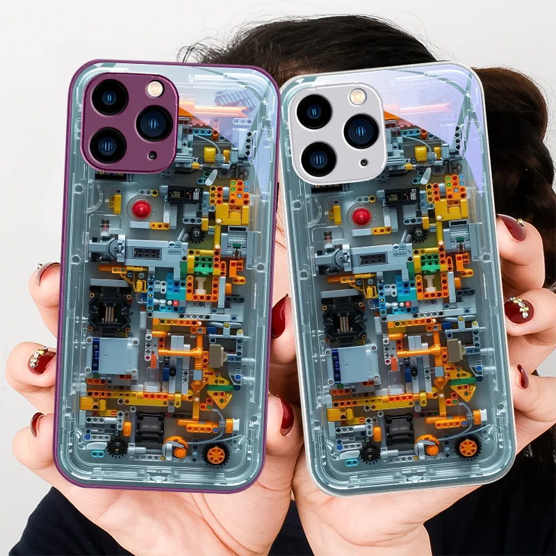 Mechanischer Innenraum Blau Lila für iPhone 15 14 13 12 Mini 11 Pro Max X XS XR 7 8 Plus 2020 22 SE Handyhülle aus gehärtetem Glas