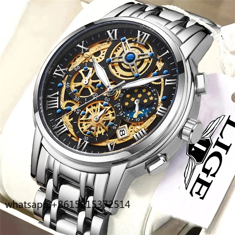 TLCRETE LIGE 8973 Men Watch Original Watch Waterproof Stainless Steel Quartz Fashion Business Sun Moon Star Clock Wristwatch for