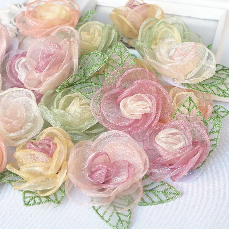 10Pcs 5.5CM Organza Chiffon Fabric Artificial Flower With Leaves Wedding Dress Decoration Home Accessories DIY Fake Flowers