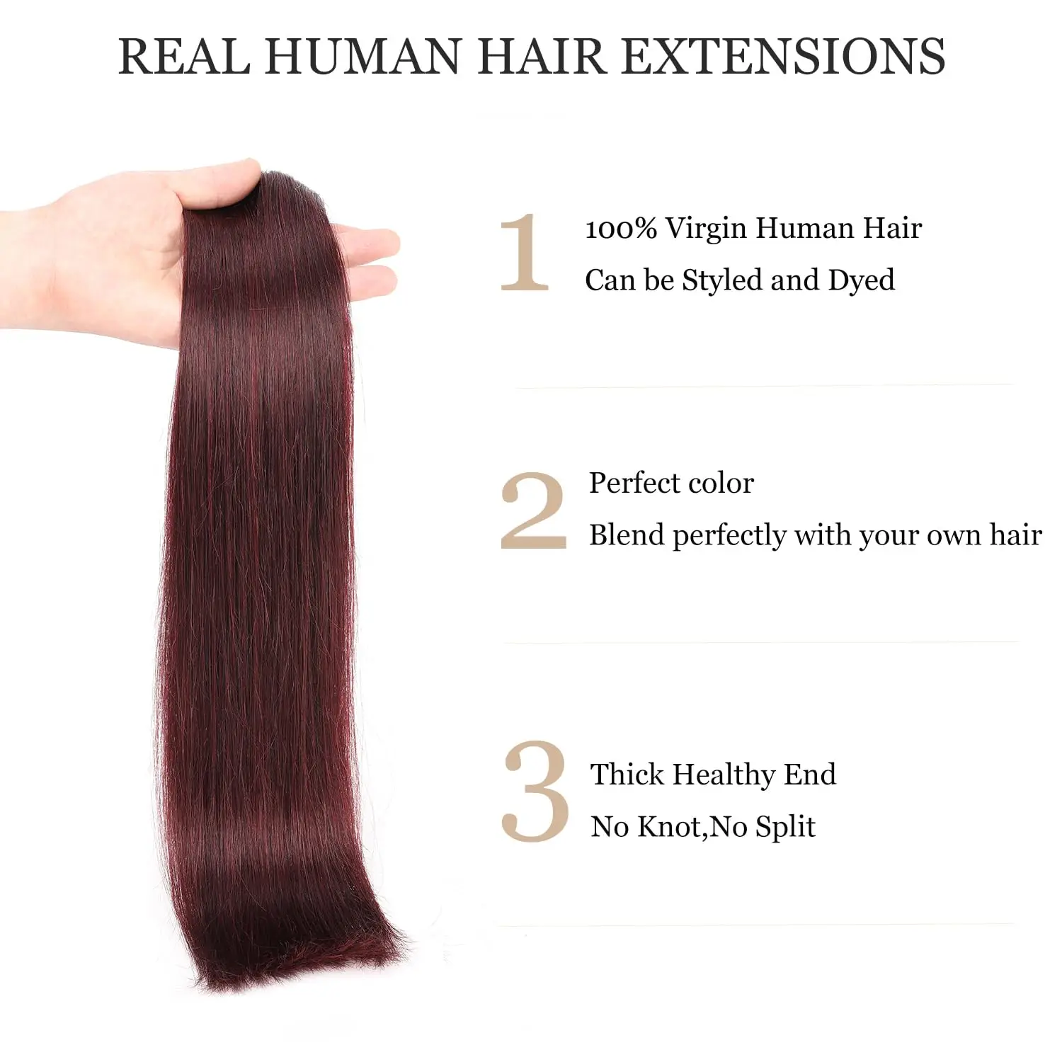 Clip In Hair Extension Real Human Hair Seamless Double Weft Clip In Hair Extensions Wine Red 99J# For Women Full Head 12-22 Inch