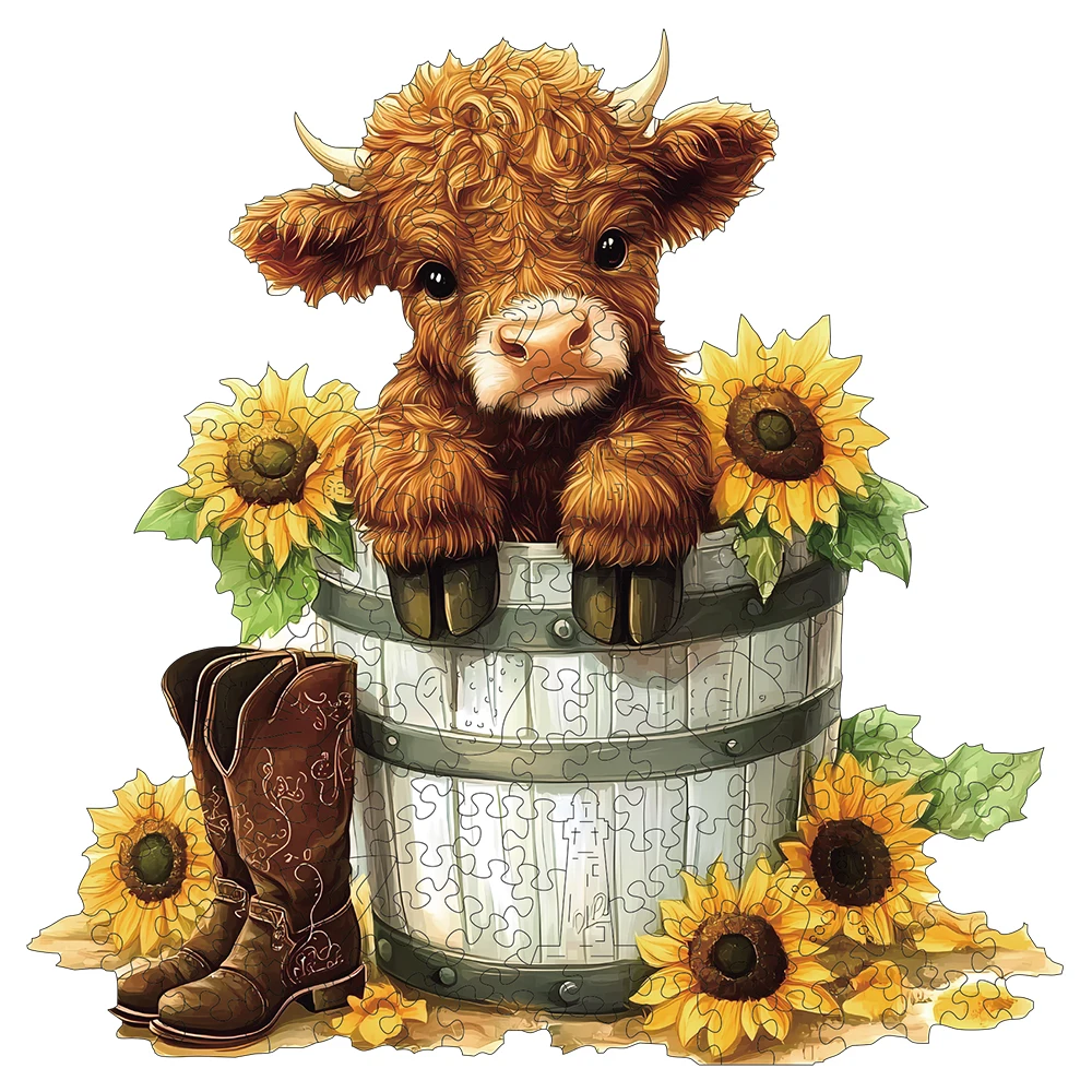 

Calf with Sunflower Wooden Puzzle, Uniquely Irregular Animal Shaped Wooden Jigsaw Puzzles, Perfect Birthday Holiday Gift