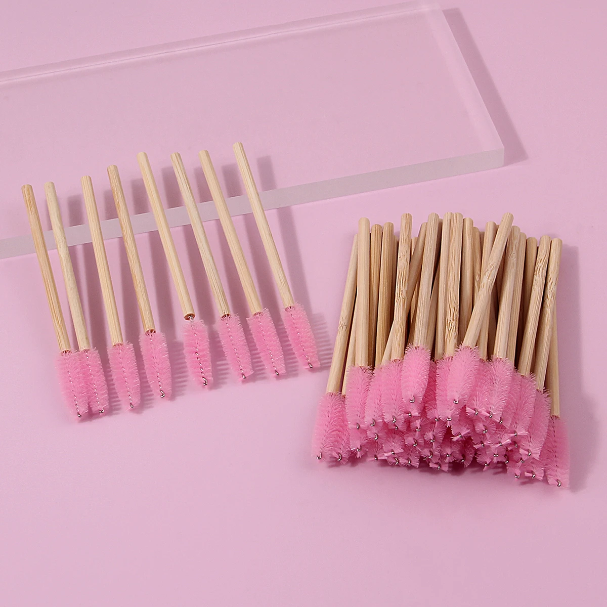 50PCS pink bamboo-handled mascara brush, mini eyebrow brush, spiral eyelash curl makeup brush, portable eye makeup tool