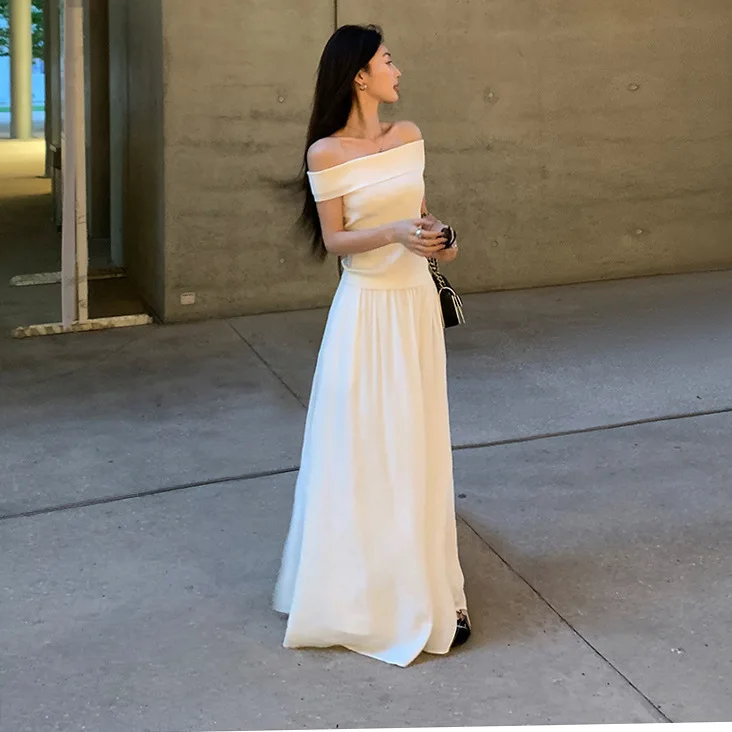 8063 오프숄더 화이트 탑 여름 프래그런트 스타일 원숄더 리브드 스트레치 자카드 디자인 슬리밍 베스트 티셔츠