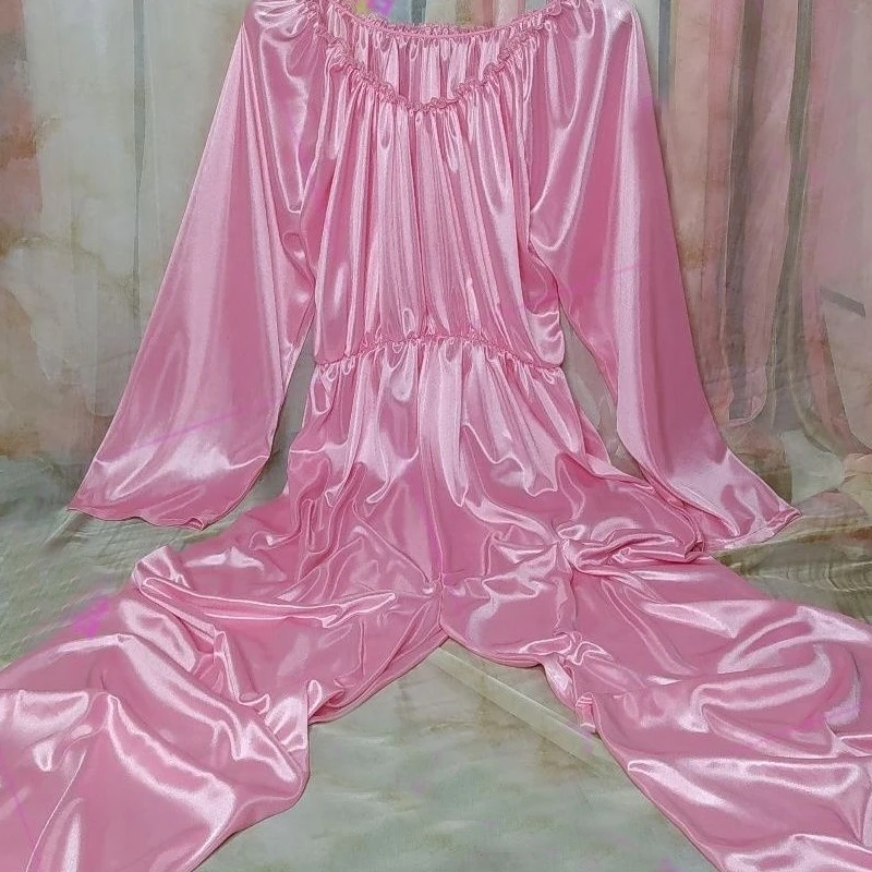 

Men Pink Sexy Ice Silk Satin Double-Sided Silky Jumpsuit Women Waist Elastic Bodysuit Wide Leg Pants Long Sleeve Pajamas