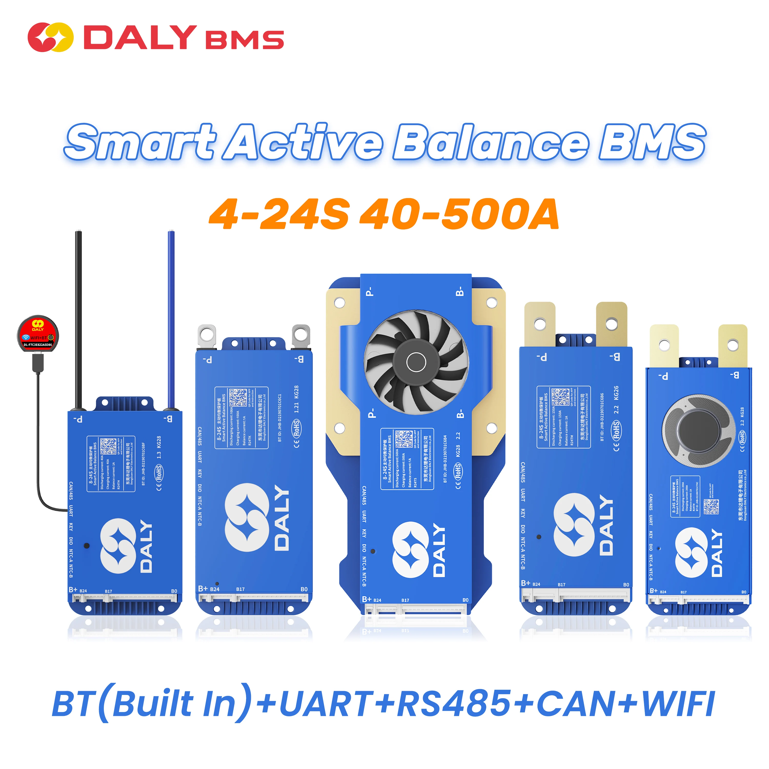 

Daly Active Balance Smart BMS with BT WiFi RS485 CAN 4S 12V 8S 24V 16S 48V 24S 72V 40A 100A 150A 200A 300A 400A 500A for Sola/EV