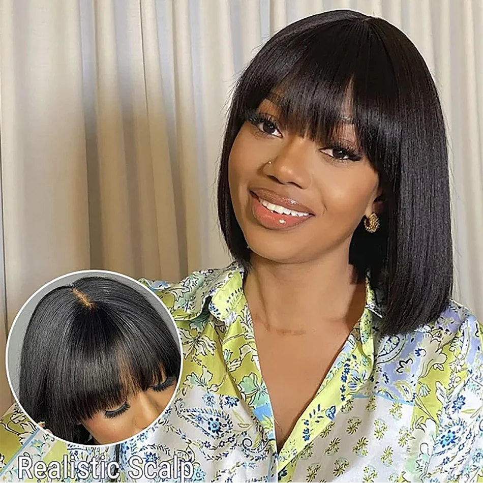 Straight Bob Wigs With Bangs 100% Virgin Human Hair Fringe Brazilian Realistic Scalp 3x1 HD Lace Middle Part Straight Bob Wigs