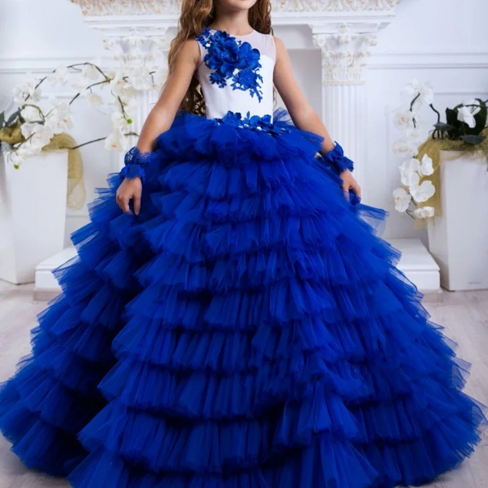 Royal Blue Flower Girl Dress Sleeveless Tiers Ruffles Little Girl Wedding Birthday Party First Communion Holiday Dress