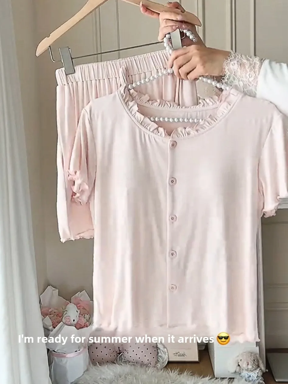 女性の半袖パジャマセット胸パッド付き-2026-新しい夏モーダルピンク甘い高級感ホーム服セット
