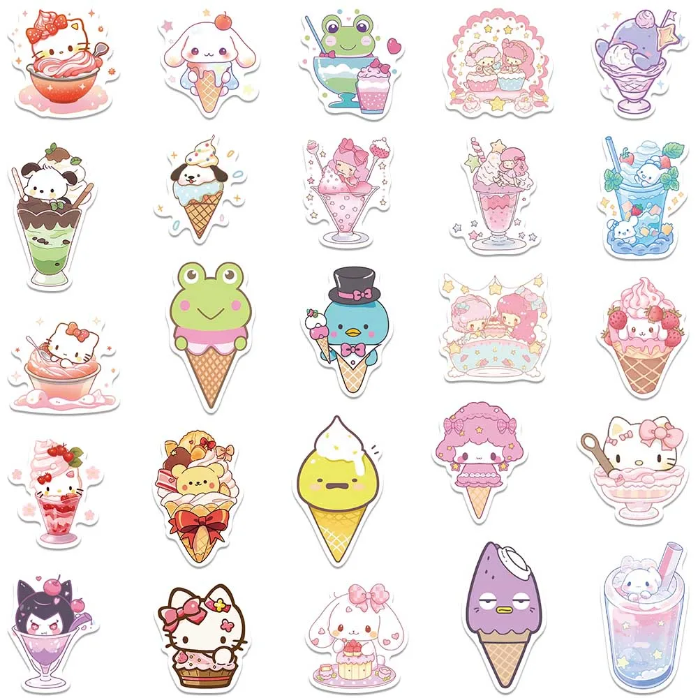 50pcs/PACK Anime Sanrio Style Ice Cream Stickers Kitty Melody Kuromi Cinnamoroll Vinyl Girls DIY Laptop Guitar Sticker Decals