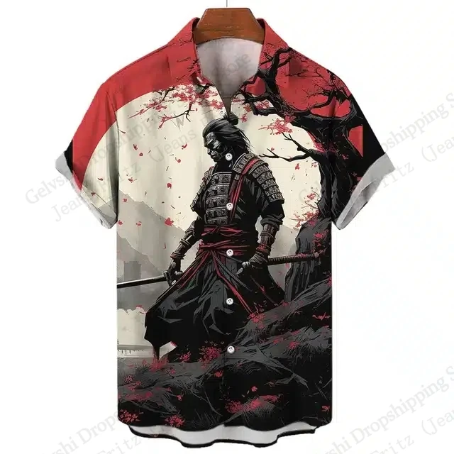 

New Japanese Anime Samurai 3D Print Hawaiian Shirt Men Women Fashion Short Sleeve Casual Lapel Shirt Beach Blouse Blossom Scenic