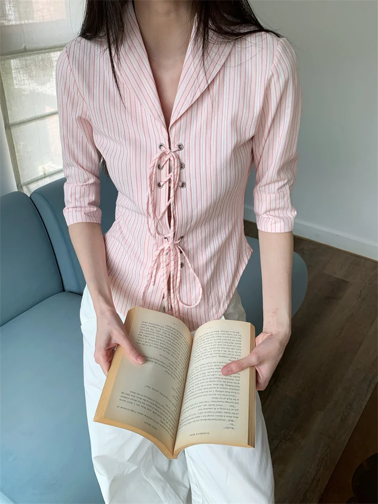 CHEERART Bandage Pink Striped Shirts Women 2024 Summer Tops Half Sleeve Collar Shirt Blouses Office Wear Korean Fashion Clothes