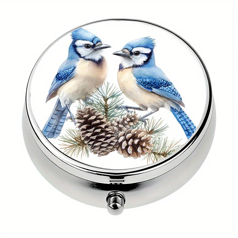 1 three-compartment blue pine bird and pine cone winter-themed pill box, mini pill container, pill organizer, unique travel gift