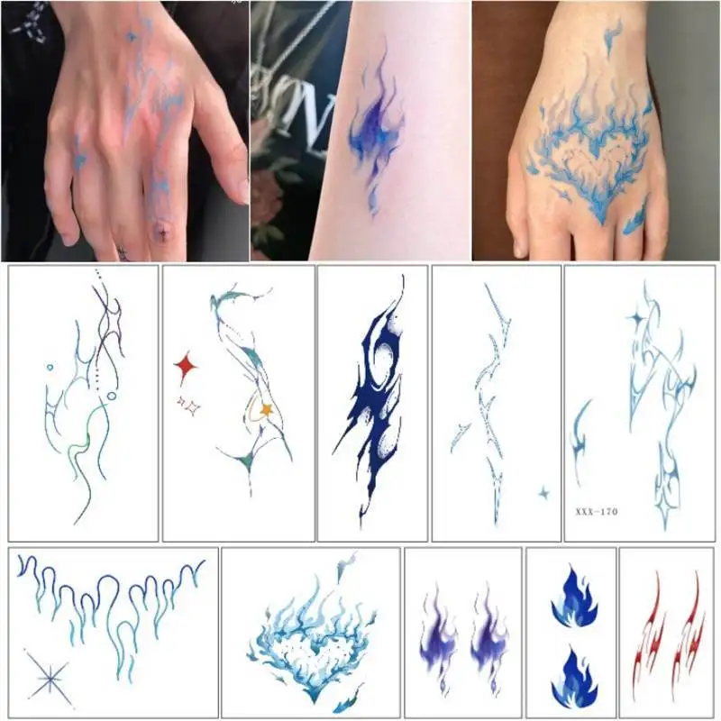 Blue Fire Tattoo Stickers for Women Man Hand Arm Art Temporary Tattoos Lasting Waterproof Punk Flame Fake Tattoo Stickers