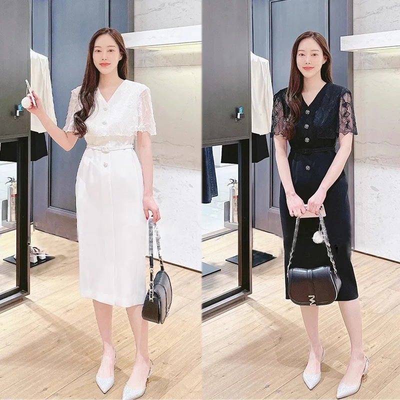 

Ele Lace oulder Wrap V-Ne Waist-Cinched Dr Korean Sle ort Sve Slim Fit Summer Dr for Women